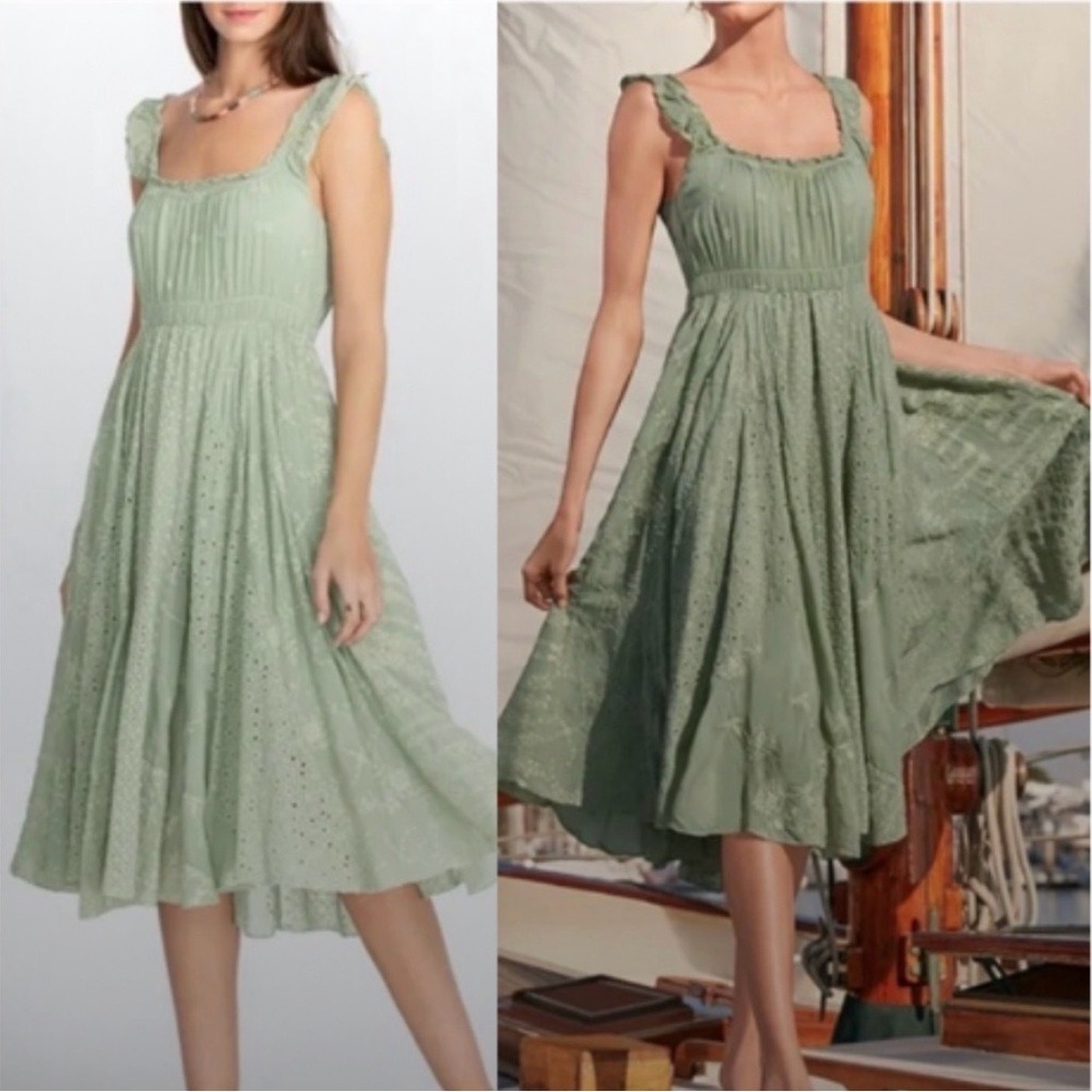 Johnny Was Siren Sage Green Eyelet Midi Dress Boho Embroidered Small